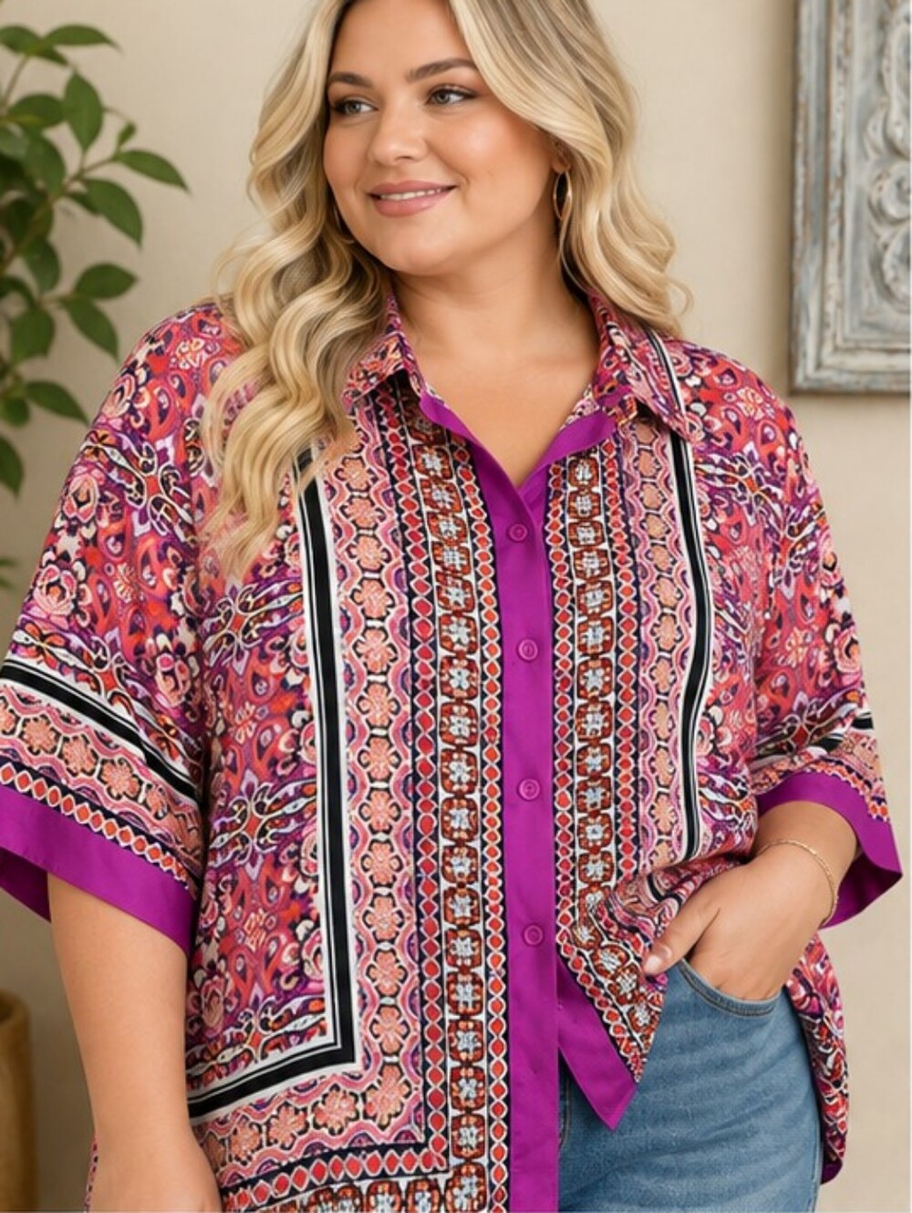 Rose & Olive 3X Boho Paisley Satin Button Up Flowy Top